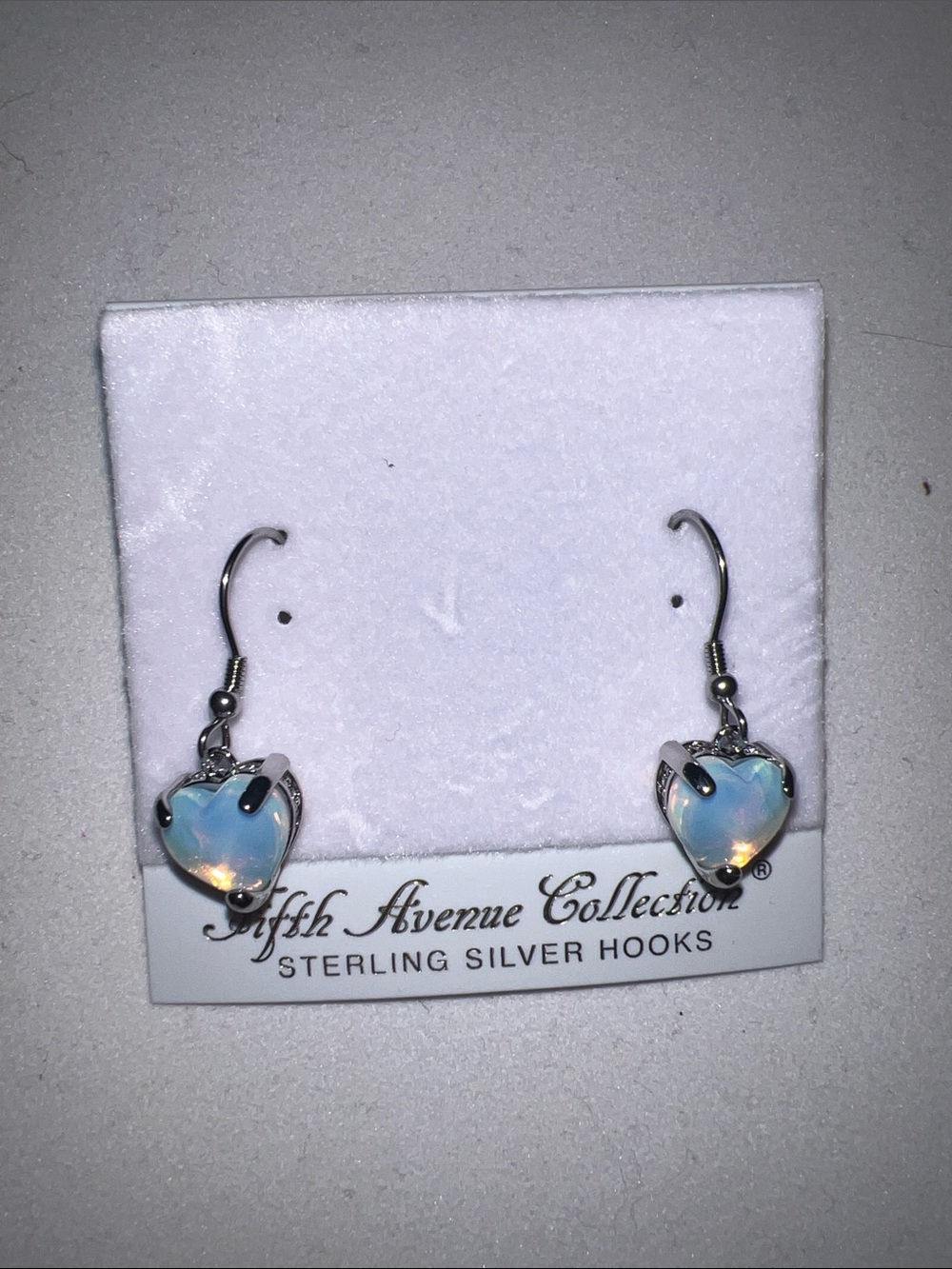 Opalescent Heart Dangle Earrings - White/Blue - genuine moonstone